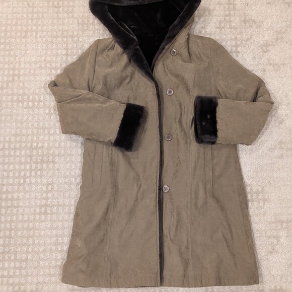 Reversible Brown Fur & Suede Teddy Jacket with Hood - Women M - Picture 12 of 13